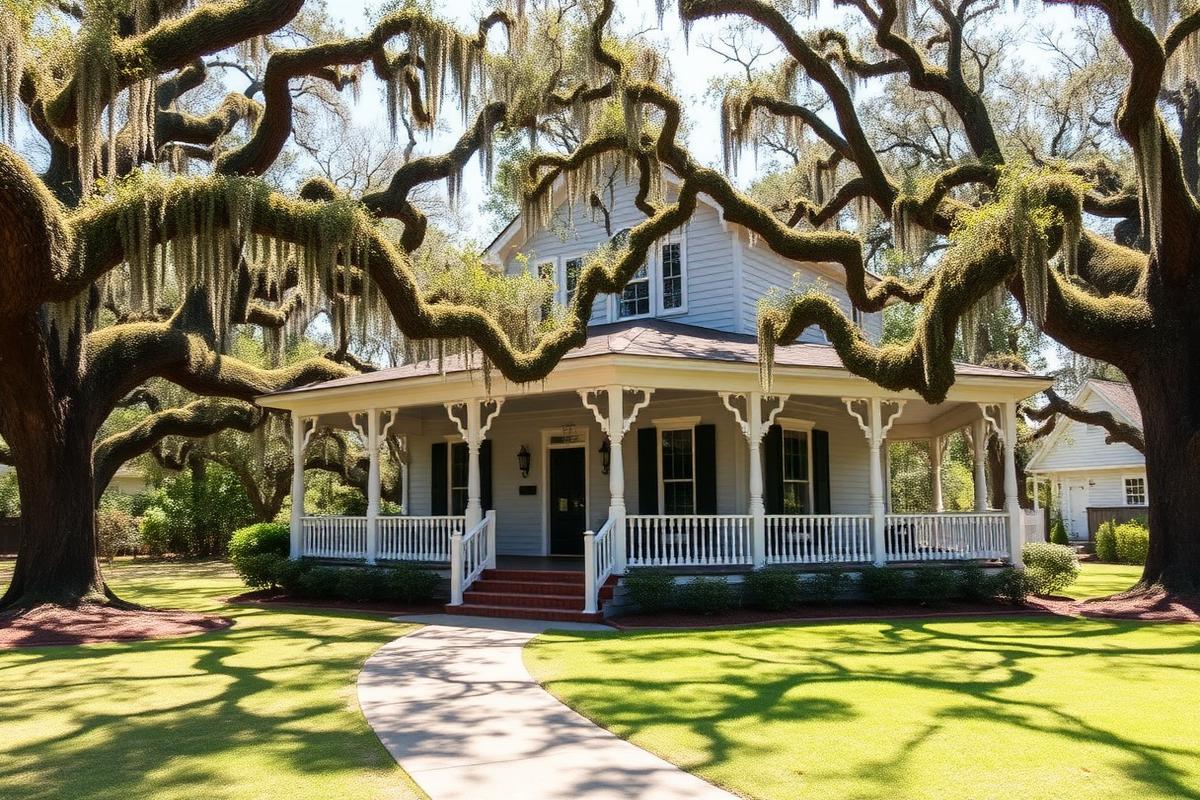 Louisiana home with wraparound porch and live oaks
