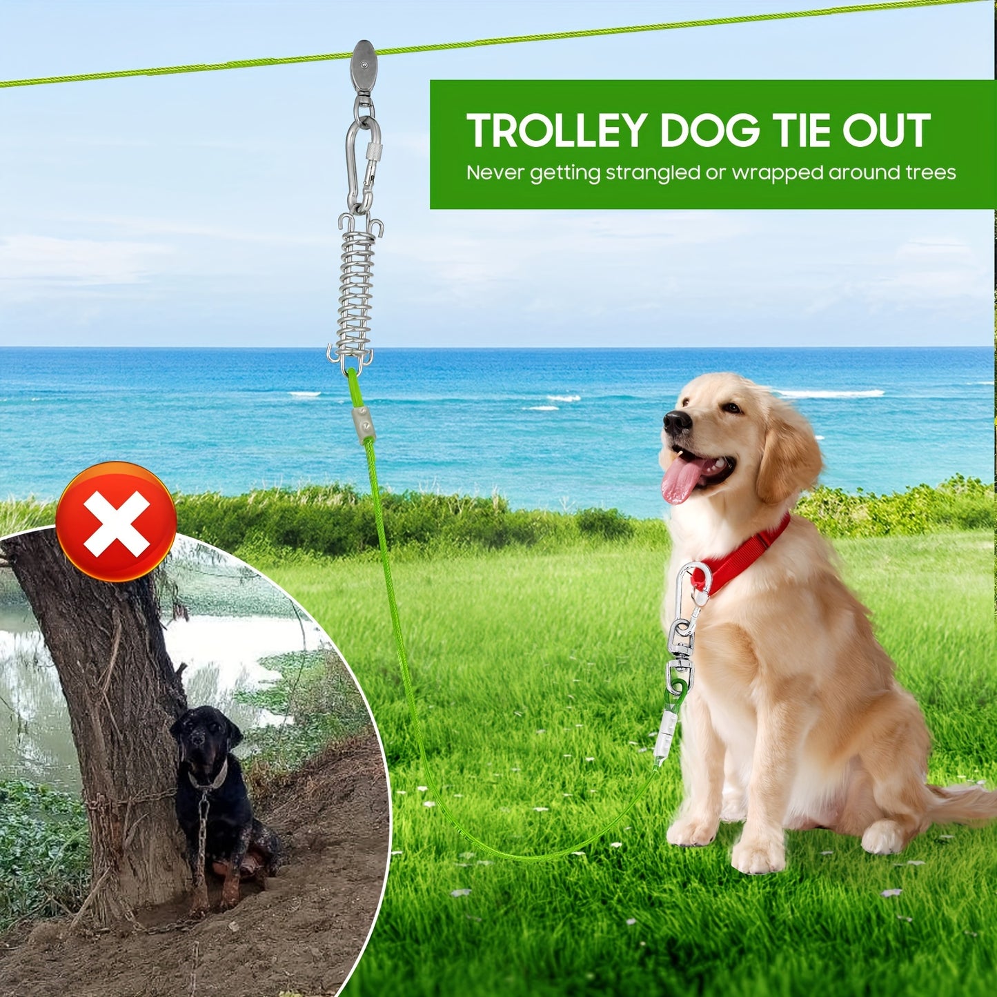50ft/75ft/100ft Dog Zipline With 10ft Dog Runner Cable, Heavy Duty Aerial Dog, Leash For Pet Cable Car, Yard Camping