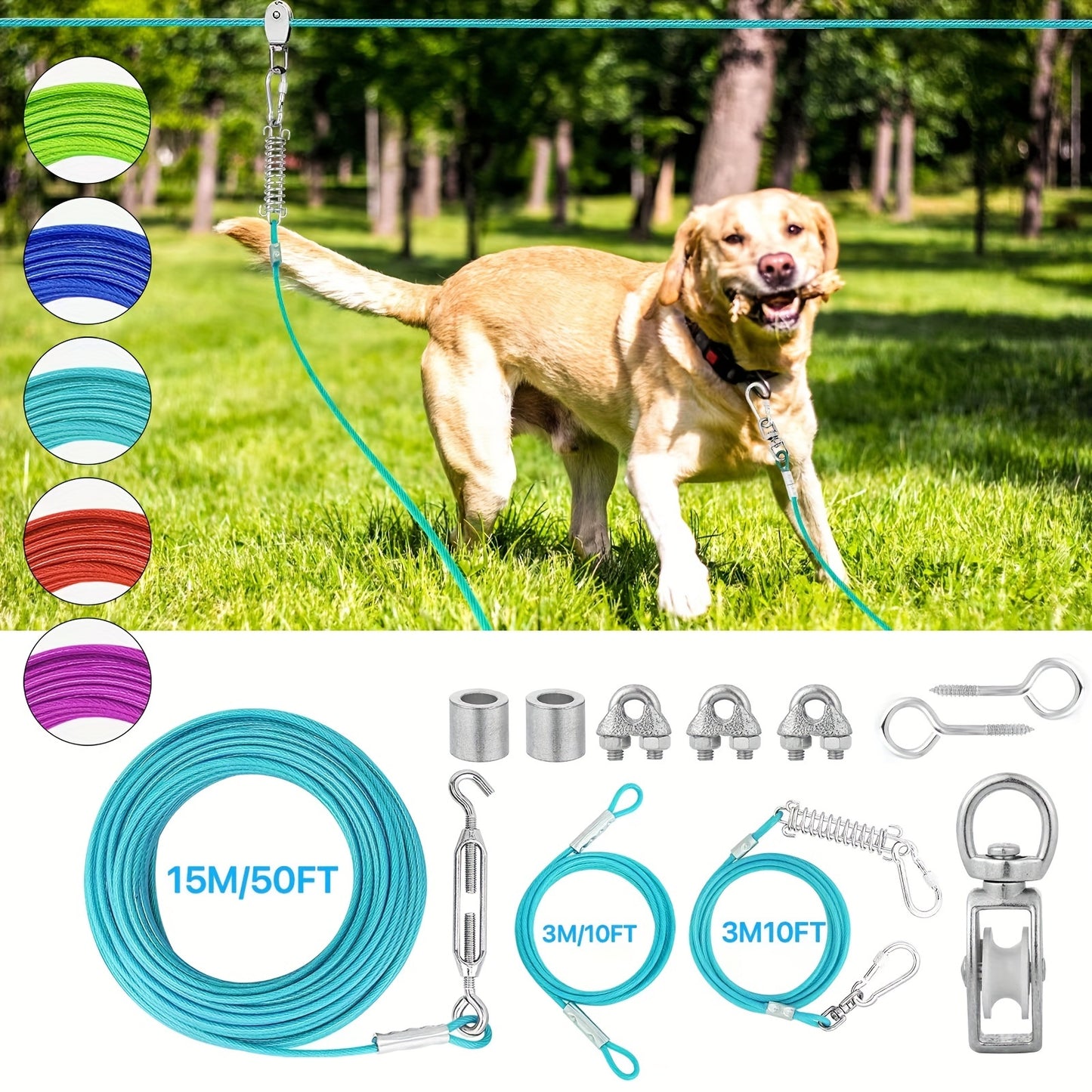 50ft/75ft/100ft Dog Zipline With 10ft Dog Runner Cable, Heavy Duty Aerial Dog, Leash For Pet Cable Car, Yard Camping