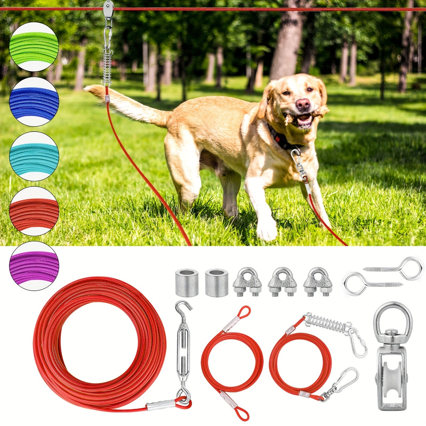 50ft/75ft/100ft Dog Zipline With 10ft Dog Runner Cable, Heavy Duty Aerial Dog, Leash For Pet Cable Car, Yard Camping