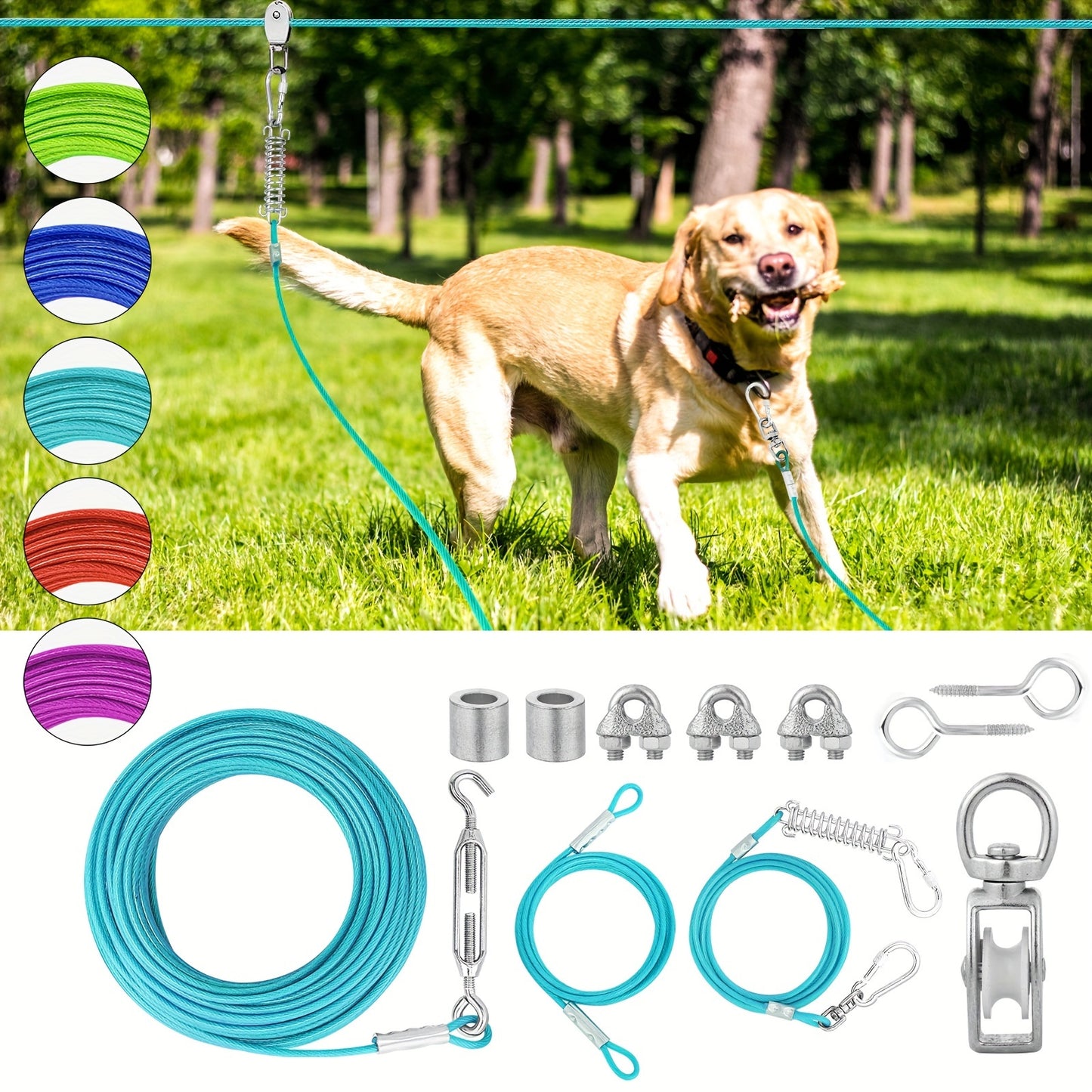 50ft/75ft/100ft Dog Zipline With 10ft Dog Runner Cable, Heavy Duty Aerial Dog, Leash For Pet Cable Car, Yard Camping
