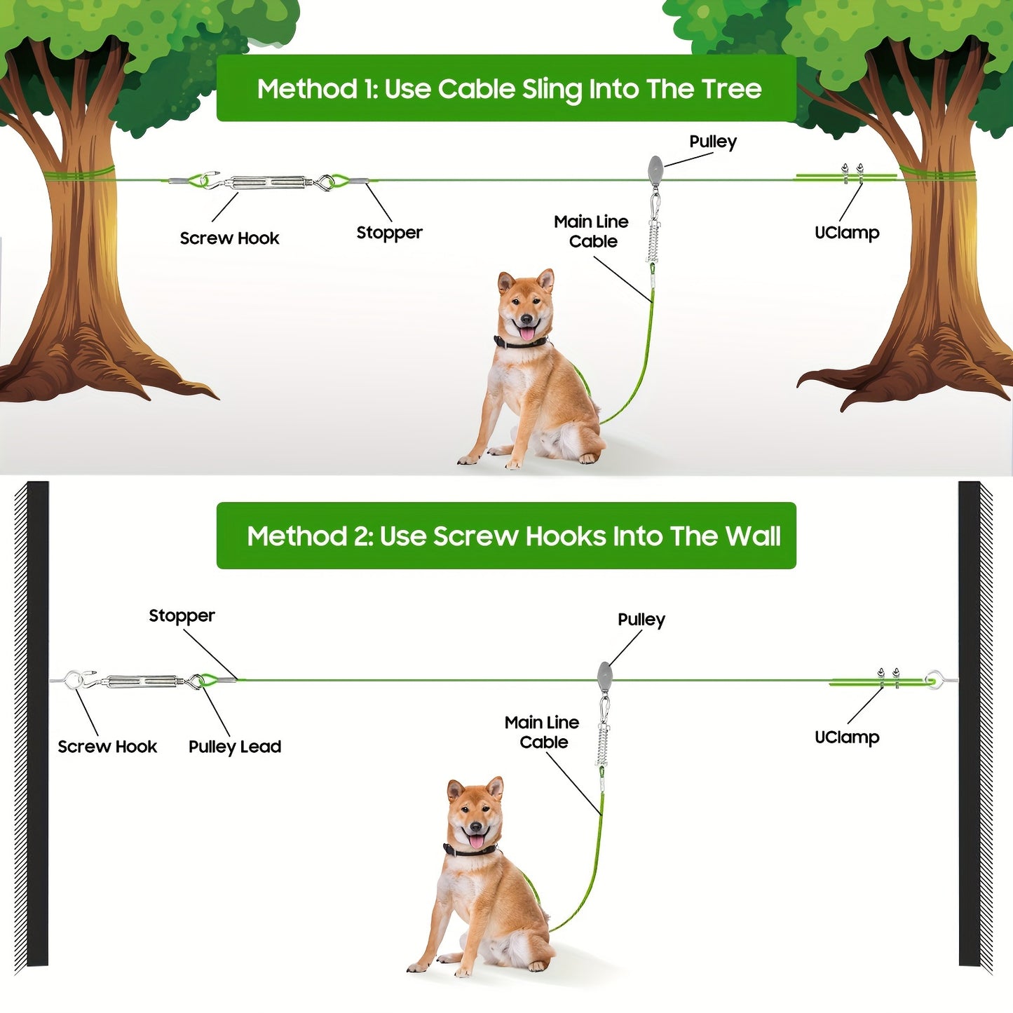 50ft/75ft/100ft Dog Zipline With 10ft Dog Runner Cable, Heavy Duty Aerial Dog, Leash For Pet Cable Car, Yard Camping