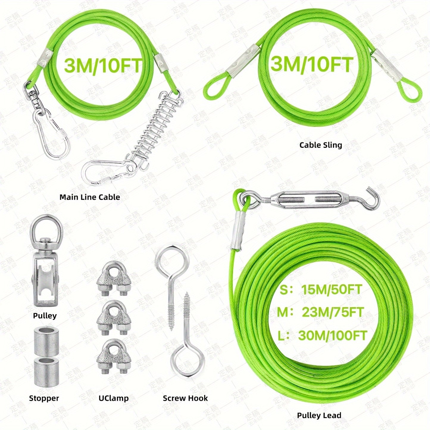 50ft/75ft/100ft Dog Zipline With 10ft Dog Runner Cable, Heavy Duty Aerial Dog, Leash For Pet Cable Car, Yard Camping