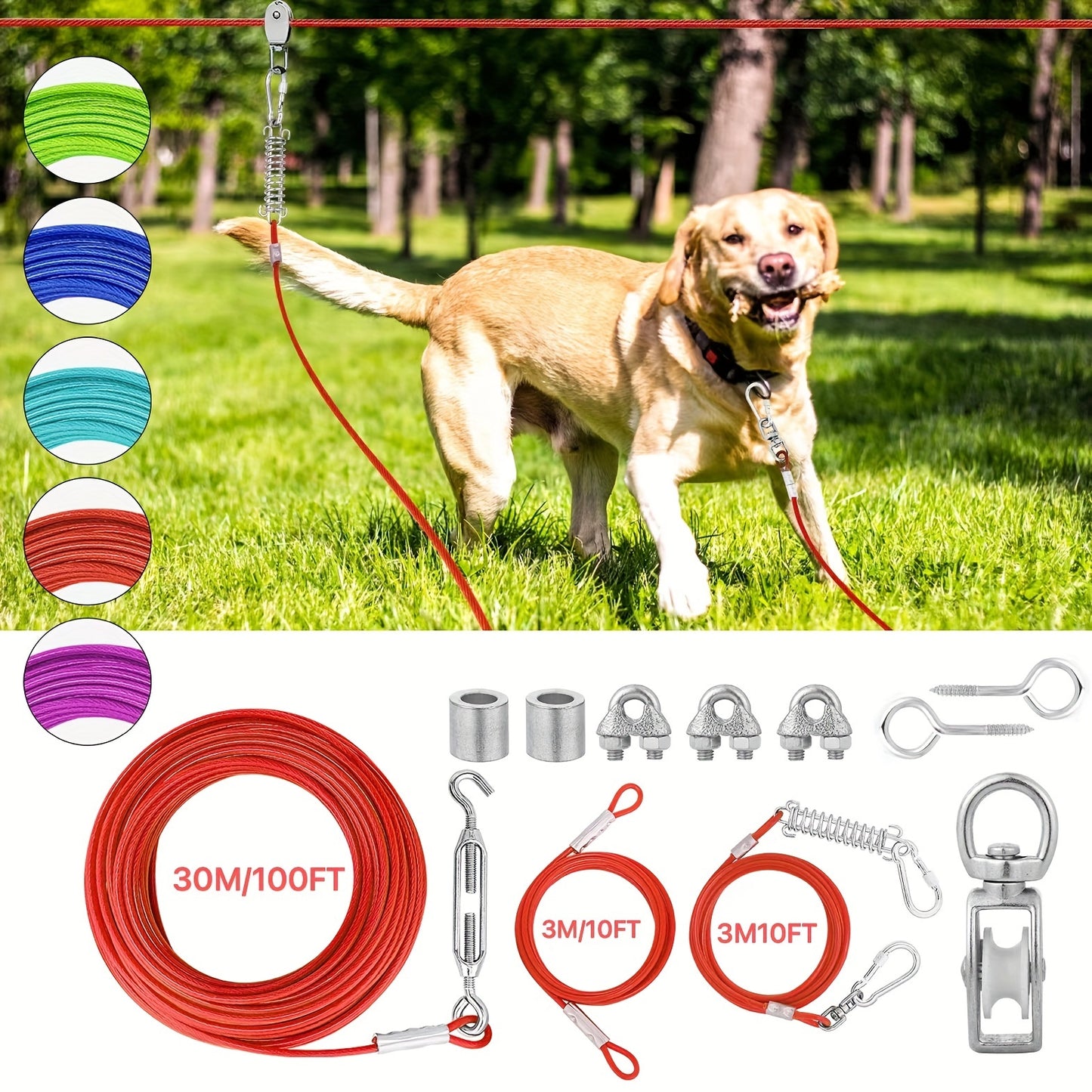 50ft/75ft/100ft Dog Zipline With 10ft Dog Runner Cable, Heavy Duty Aerial Dog, Leash For Pet Cable Car, Yard Camping