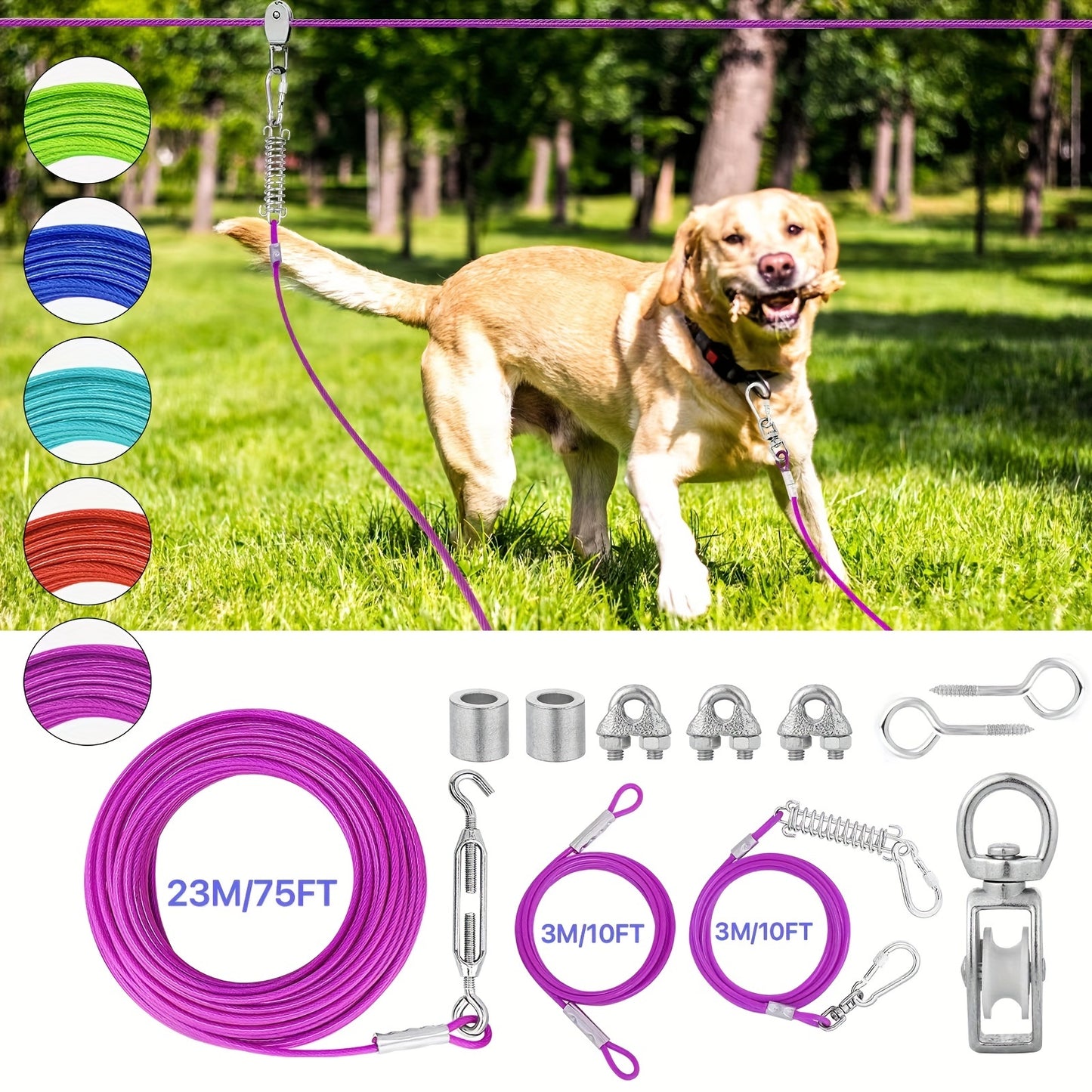 50ft/75ft/100ft Dog Zipline With 10ft Dog Runner Cable, Heavy Duty Aerial Dog, Leash For Pet Cable Car, Yard Camping