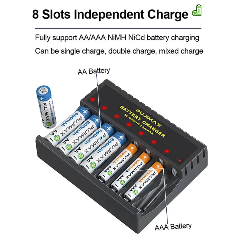 PUJIMAX 8 Slots AA/AAA Rechargeable Bsatteries Type-C USB Universal Battery Charger Adapter Battery Charger For Power Accessori
