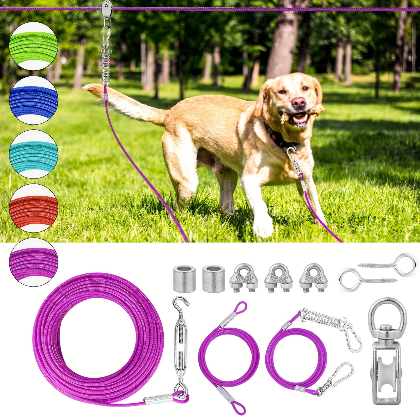 50ft/75ft/100ft Dog Zipline With 10ft Dog Runner Cable, Heavy Duty Aerial Dog, Leash For Pet Cable Car, Yard Camping