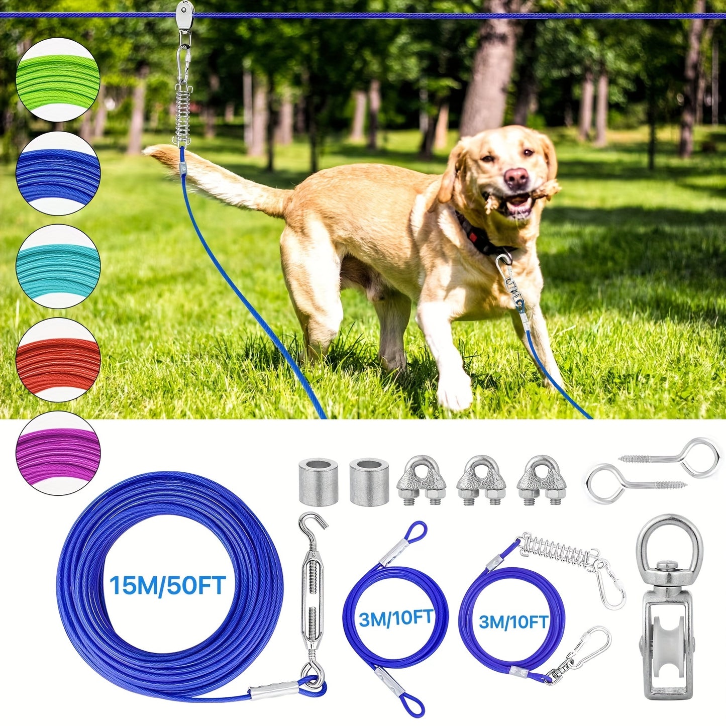 50ft/75ft/100ft Dog Zipline With 10ft Dog Runner Cable, Heavy Duty Aerial Dog, Leash For Pet Cable Car, Yard Camping