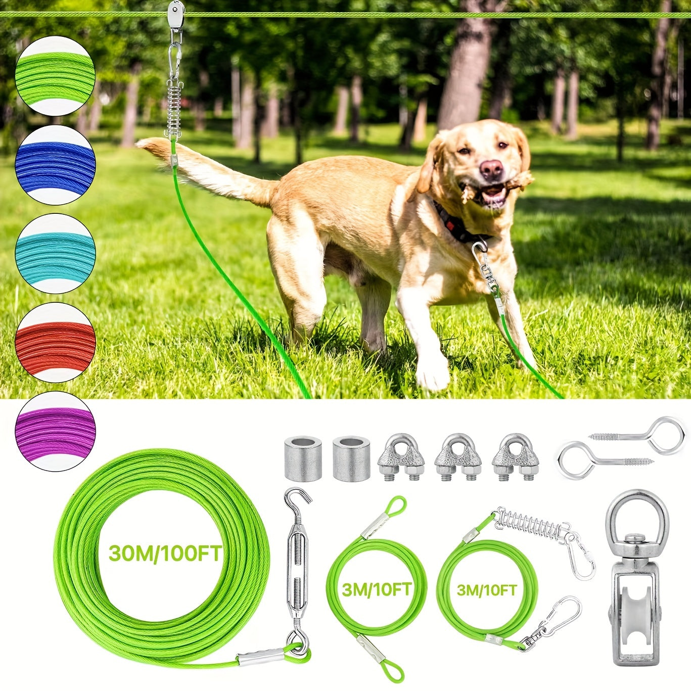 50ft/75ft/100ft Dog Zipline With 10ft Dog Runner Cable, Heavy Duty Aerial Dog, Leash For Pet Cable Car, Yard Camping